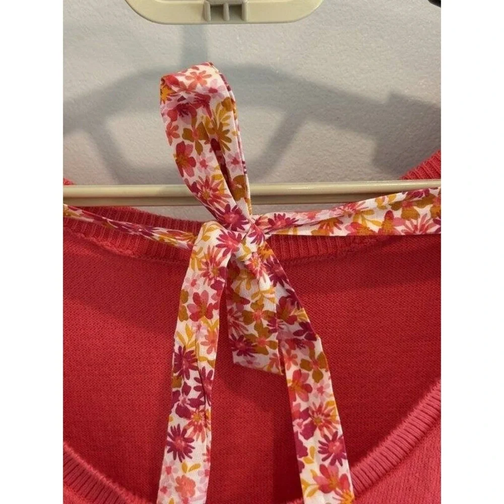 J Crew Womens Coral Pink Short Puff Sleeve Cotton Sweater Floral Back Neck Tie M